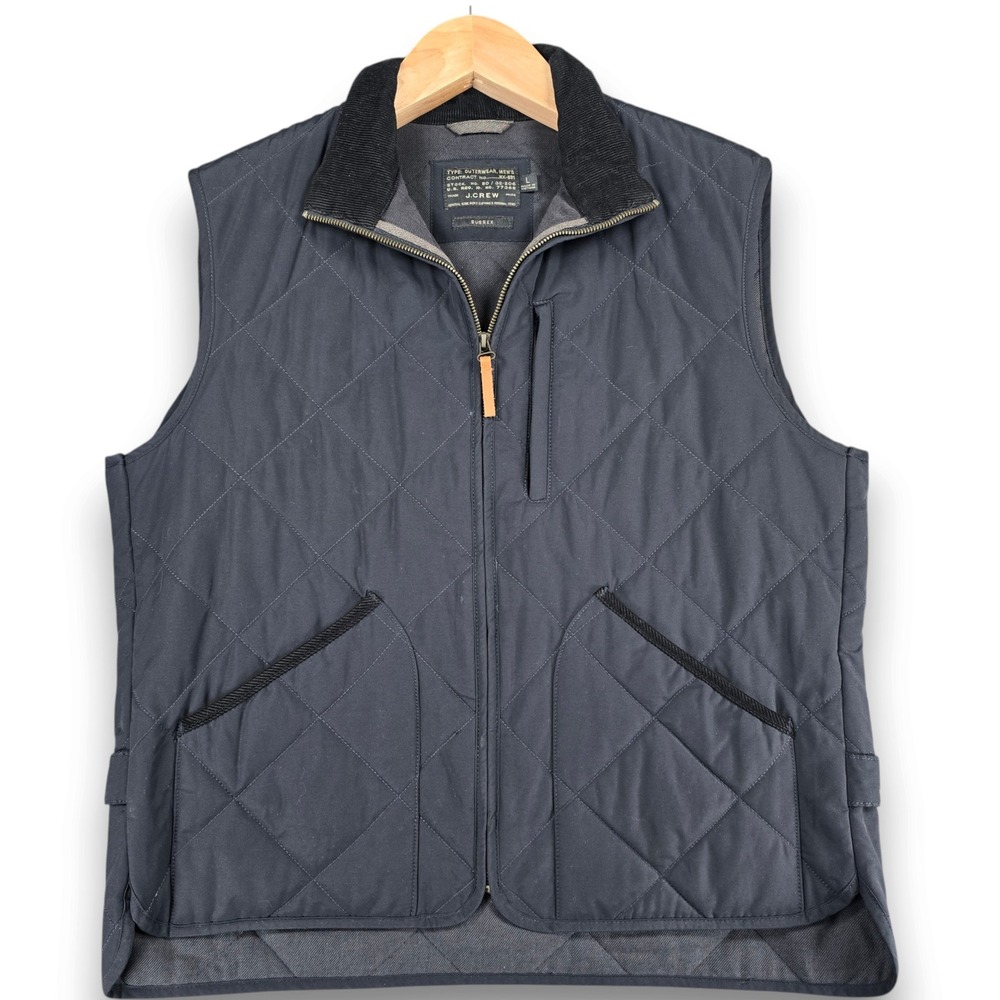 J.Crew Sussex Quilted Vest Mens Large Navy Blue Corduroy Trim Full Zip Pockets
